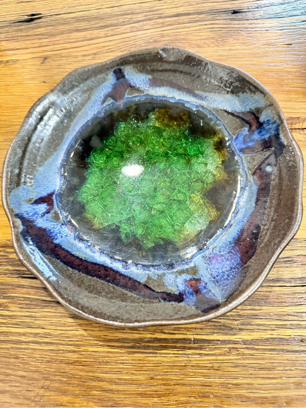 Handmade Studio Art Pottery Dish with Green Crackle Glass in Center 8 in Round